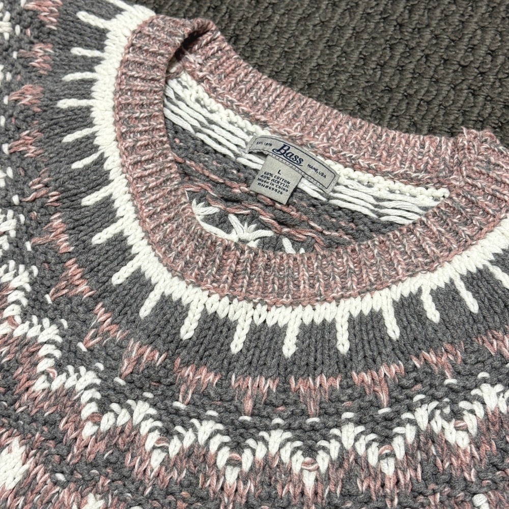 BASS Fair Isle Crewneck Sweater Women Large Pink Grey Knit Pullover USA Vintage